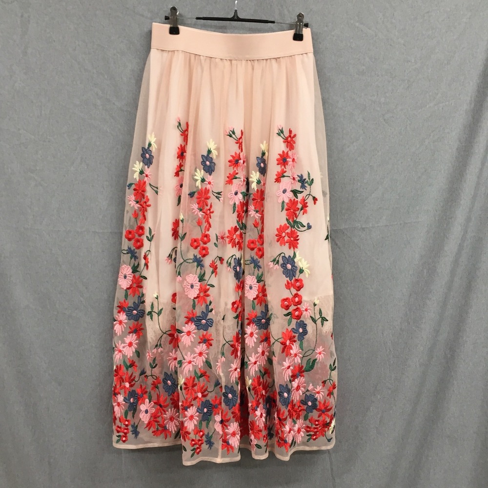 Maje Floral Embroidered Tulle Maxi Skirt Pink Mesh Size 2 Medium Boho Romantic